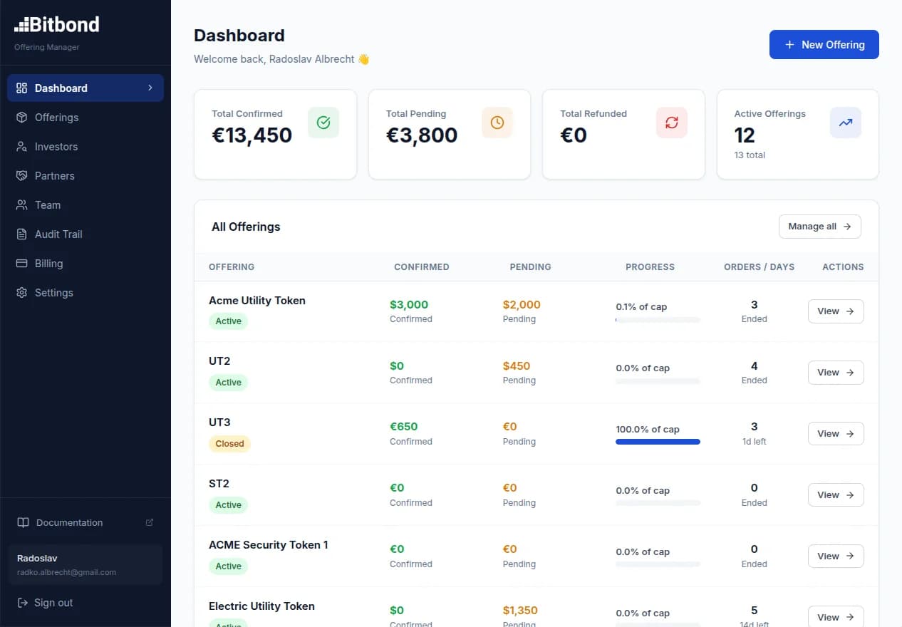 Offering Manager dashboard showing total confirmed, pending, and active offerings